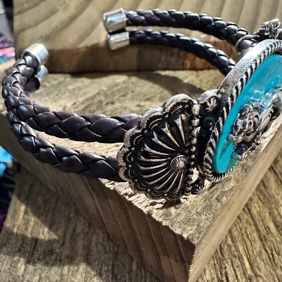 Horse Turquoise Stone Western Leather Open Bangle Bracelet - Picture 2 of 8